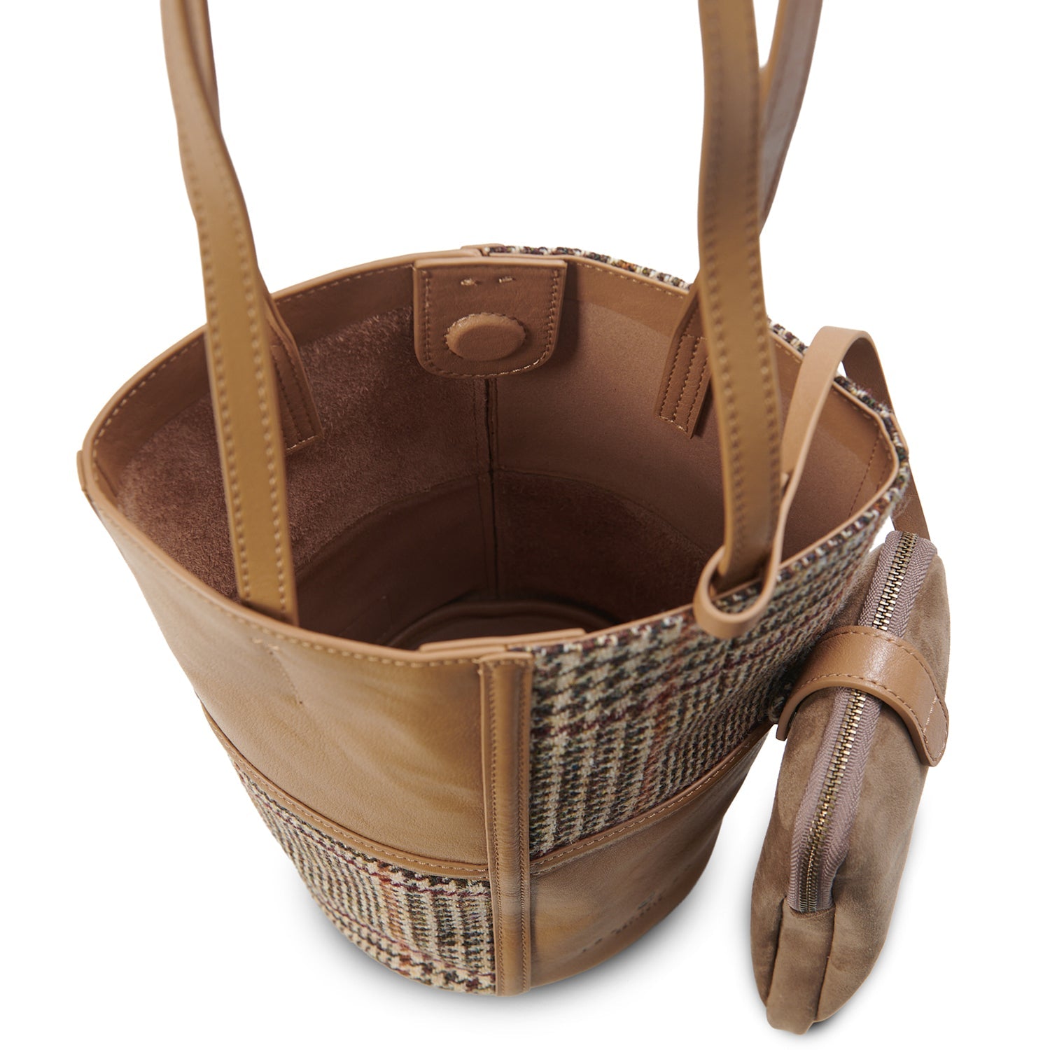 Orlagh beige dogtooth bucket bag interior view showing leather lining