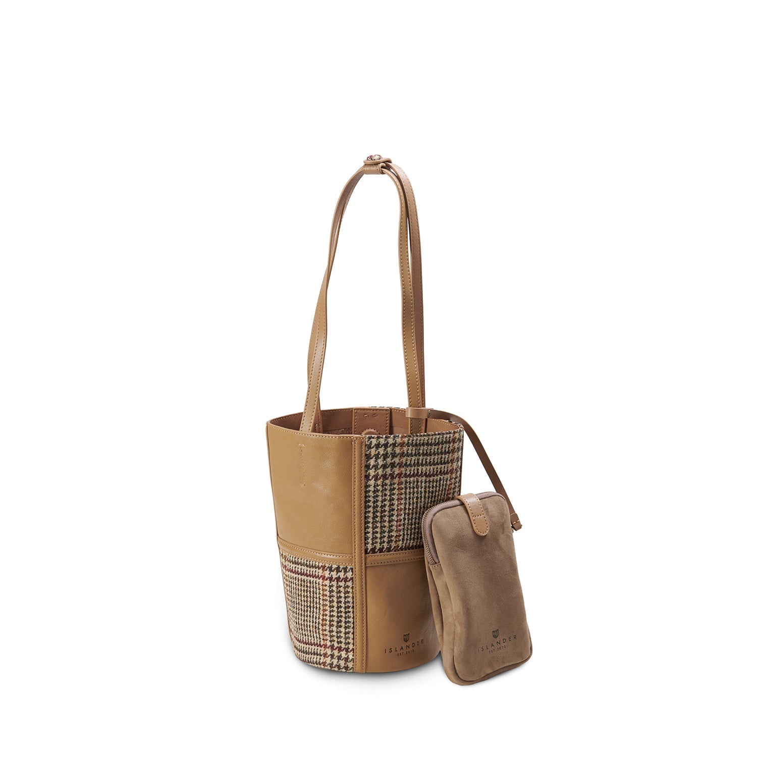 Beige dogtooth Harris Tweed bucket bag front view with phone pouch