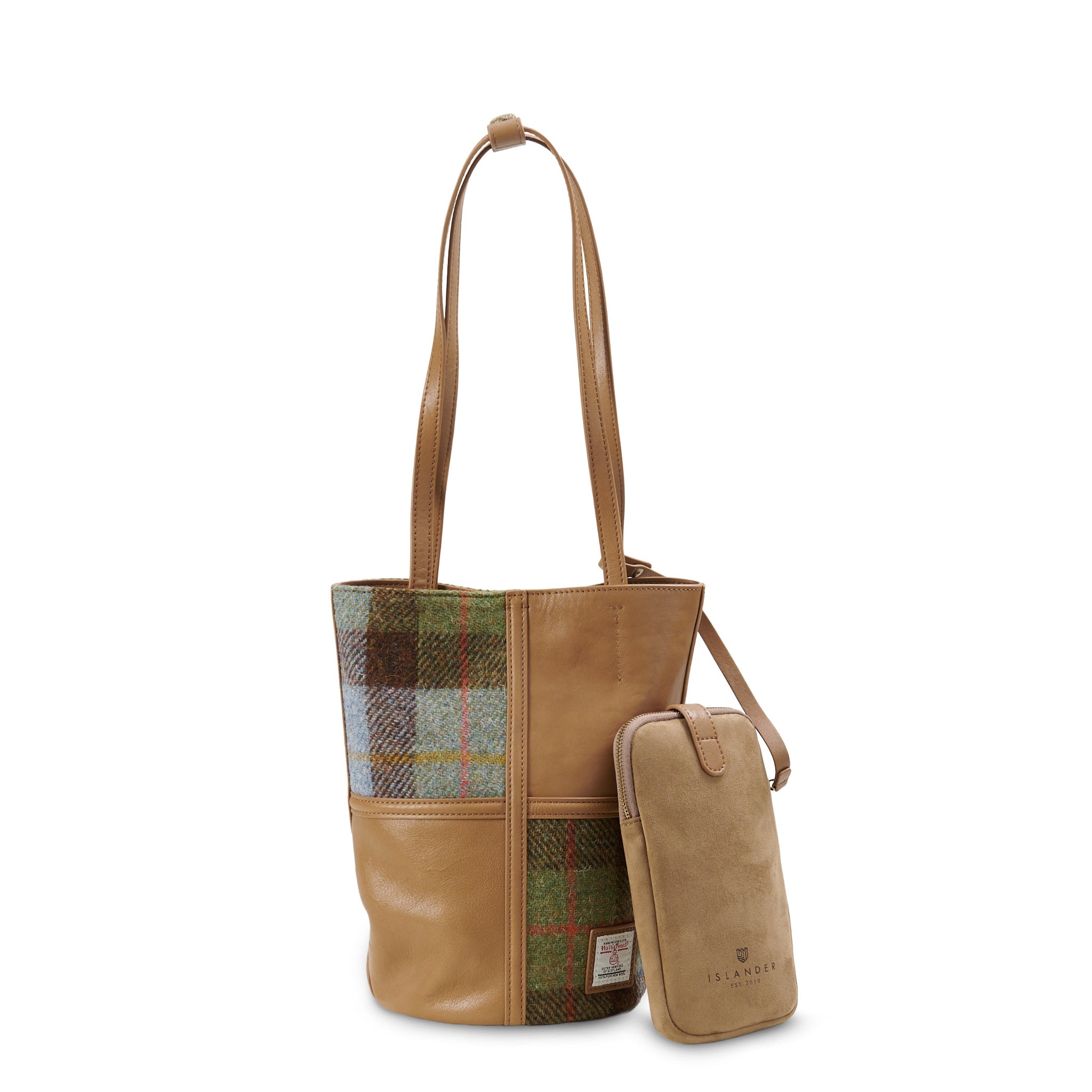 Chestnut-blue tartan Harris Tweed bucket bag front view with phone pouch
