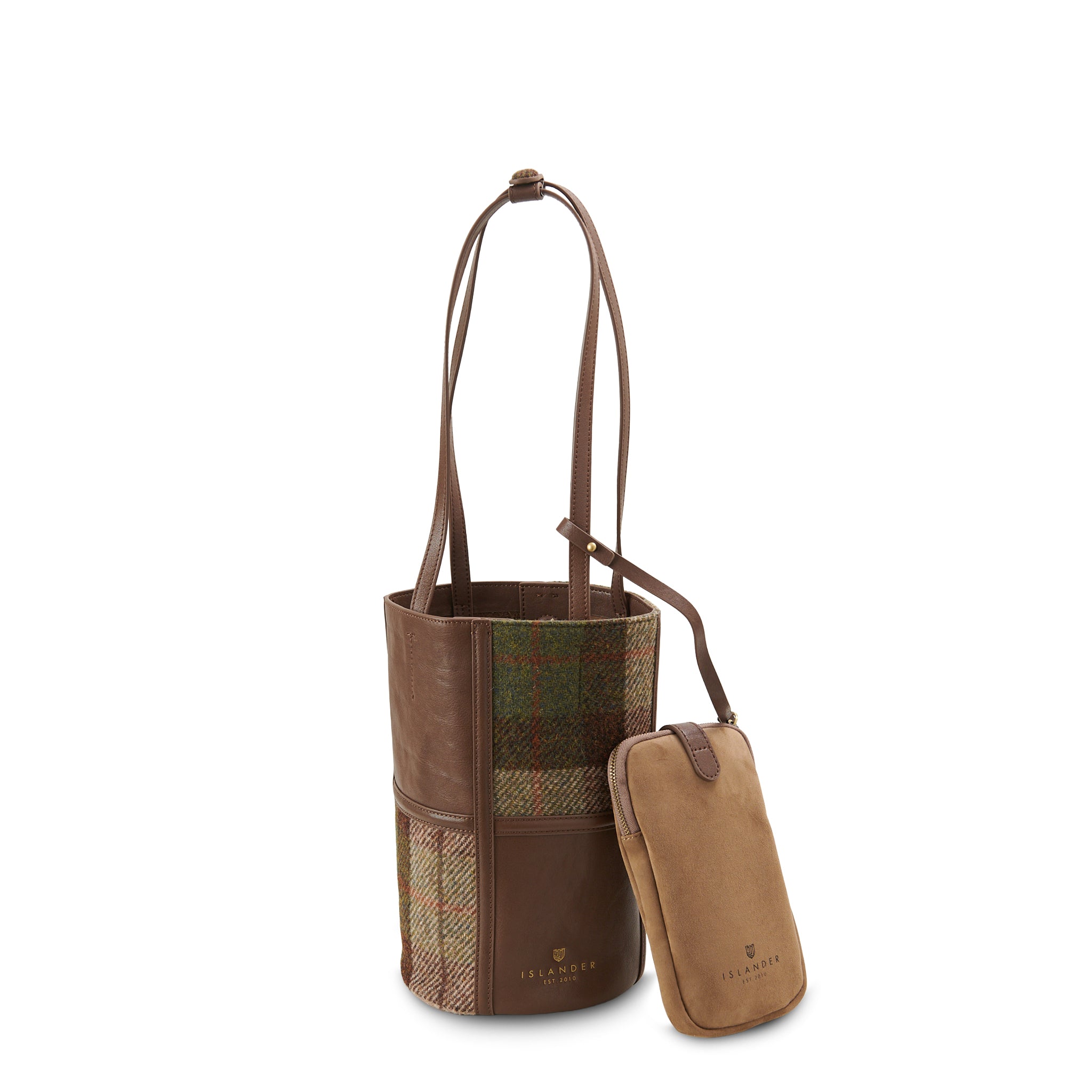 Chestnut tartan Harris Tweed bucket bag front view with phone pouch