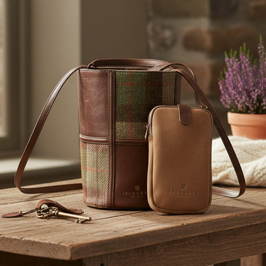 Orlagh chestnut tartan Harris Tweed bucket bag on wooden table with flowers