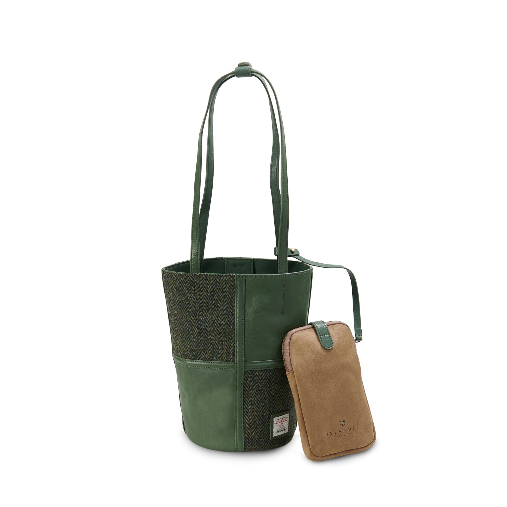 Green herringbone Harris Tweed bucket bag front view with phone pouch