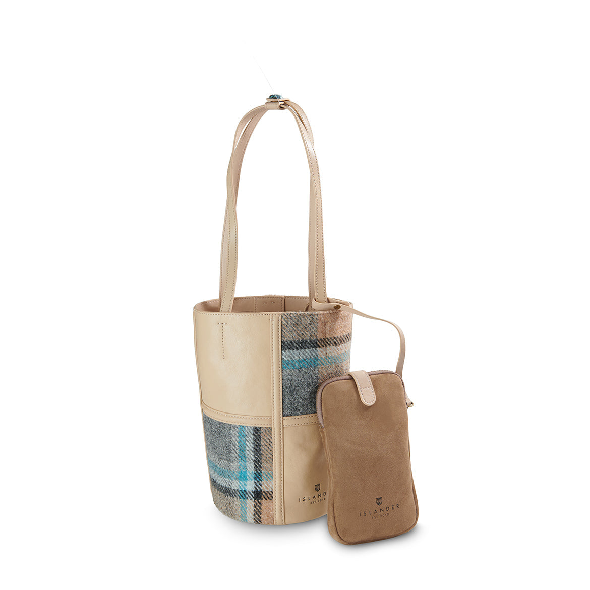 Orlagh cream check Harris Tweed bucket bag front view on white background