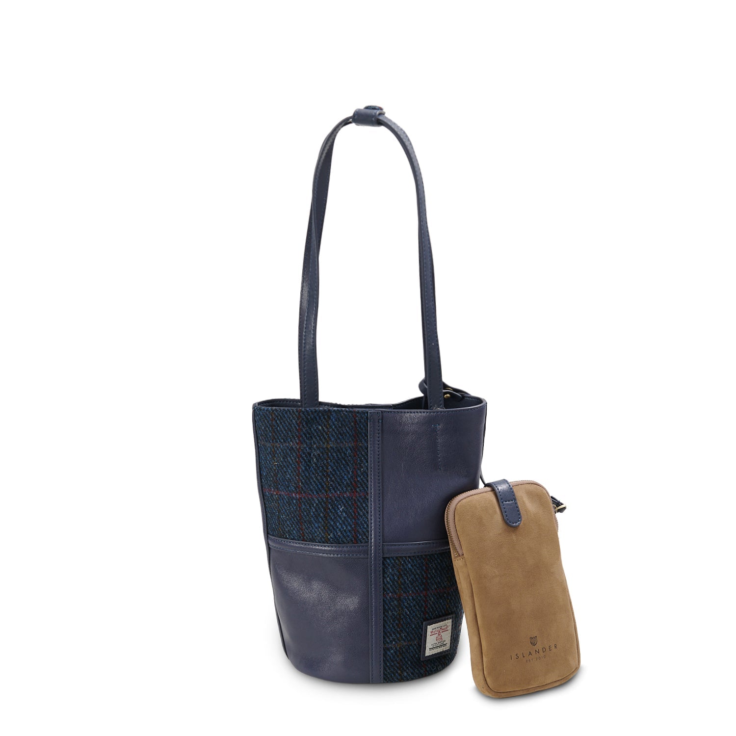 Navy over-check Harris Tweed bucket bag front view with phone pouch