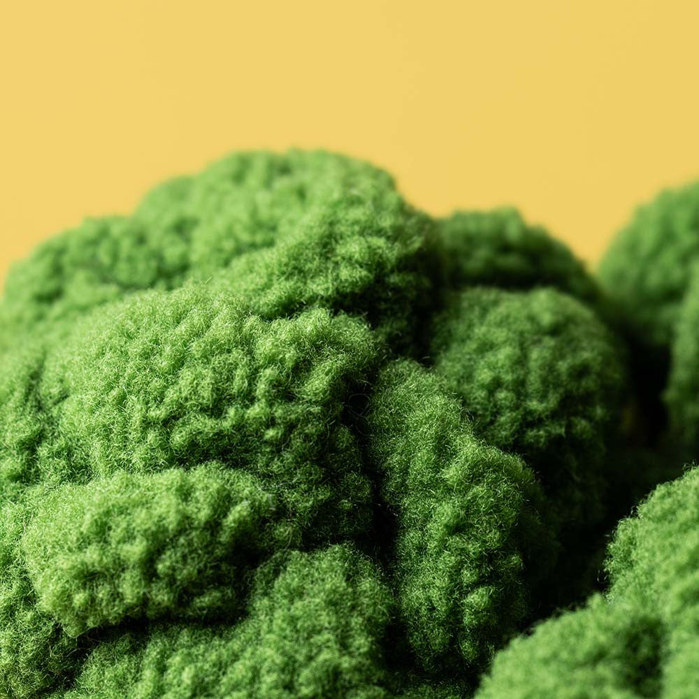 Close-up of fluffy sherpa broccoli floret texture on yellow background