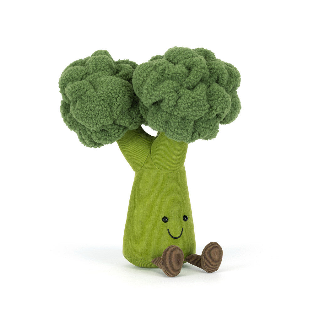 Jellycat Amuseables Broccoli soft toy with smiley face on white background