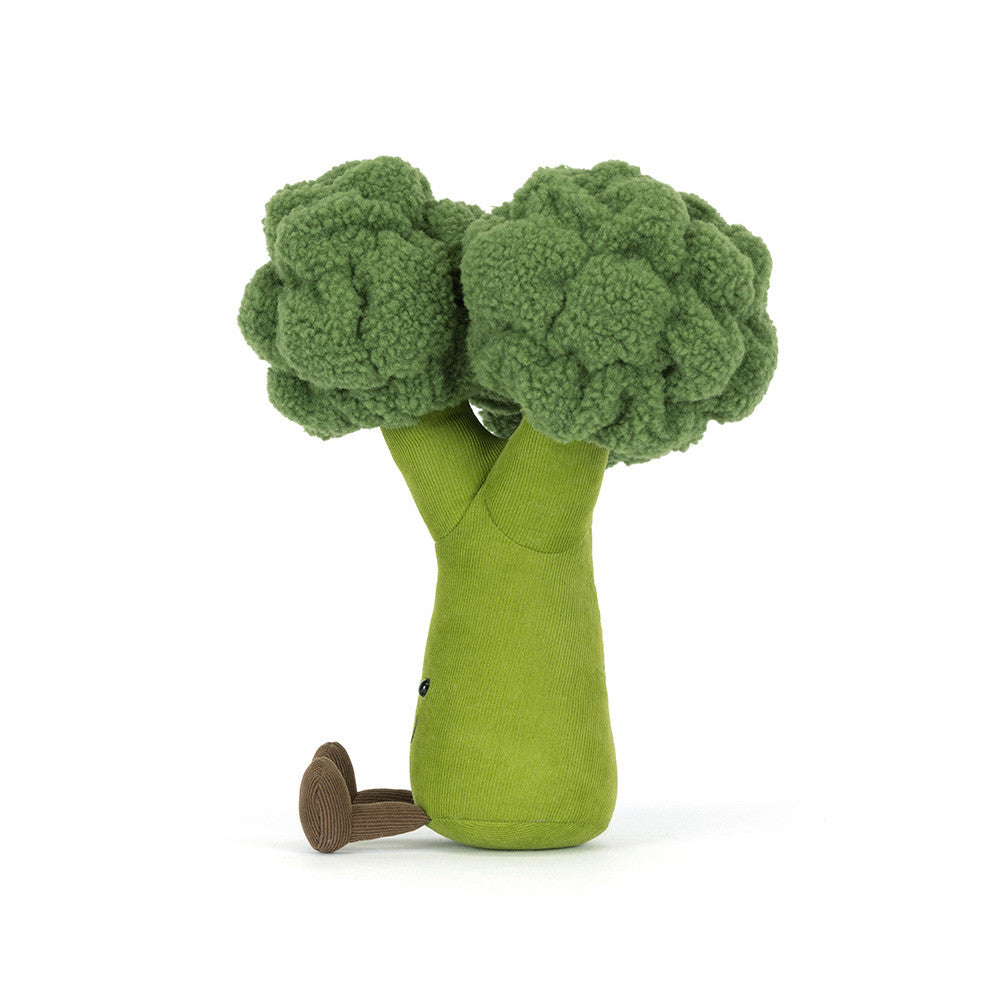 Jellycat Broccoli side profile with corduroy boots on white background