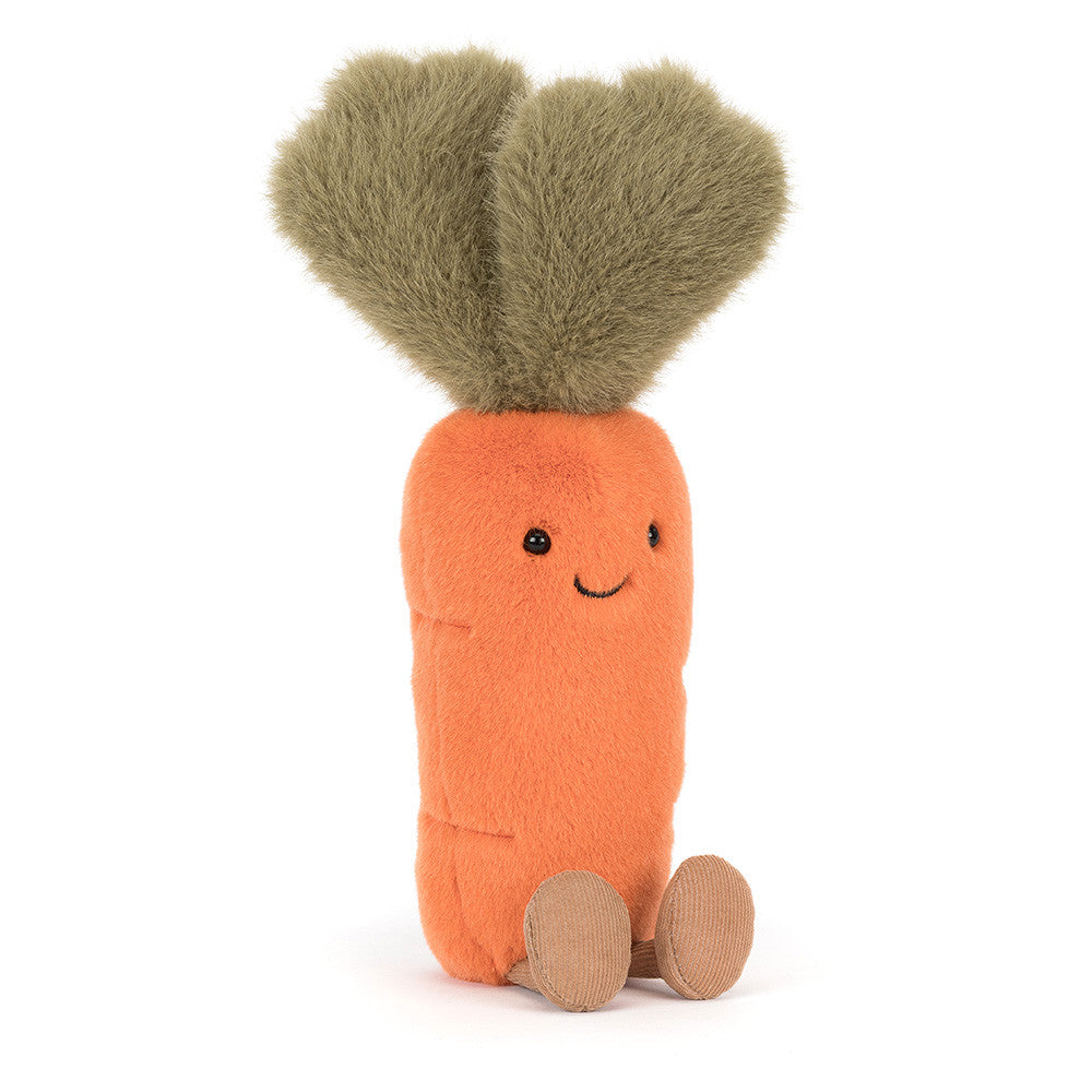 Jellycat Amuseables Carrot soft toy with green leaves on white background