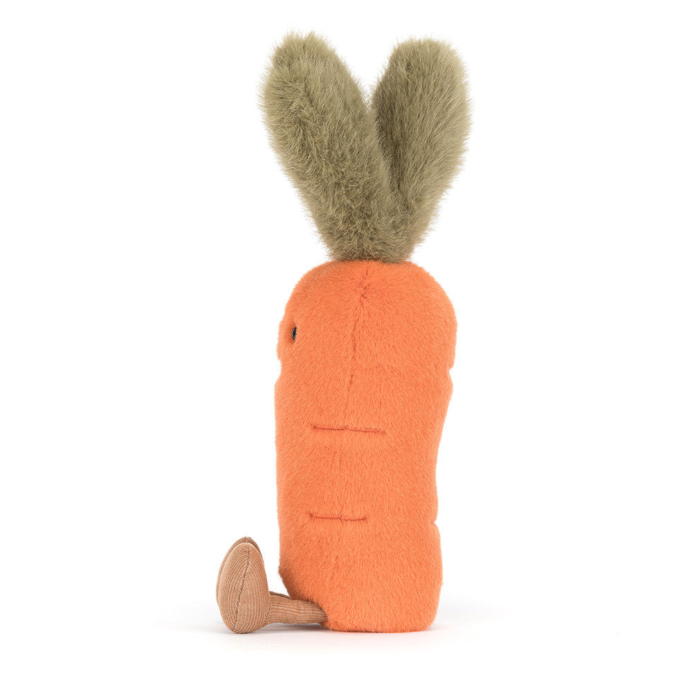 Jellycat Carrot side profile showing green leaf detail on white background