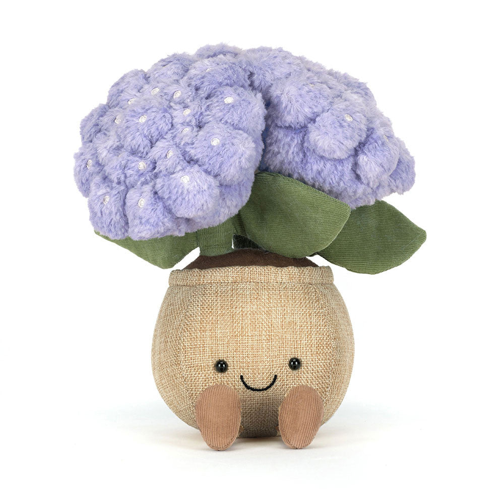 Amuseables Hydrangea front view showing lilac flowers and smiley pot