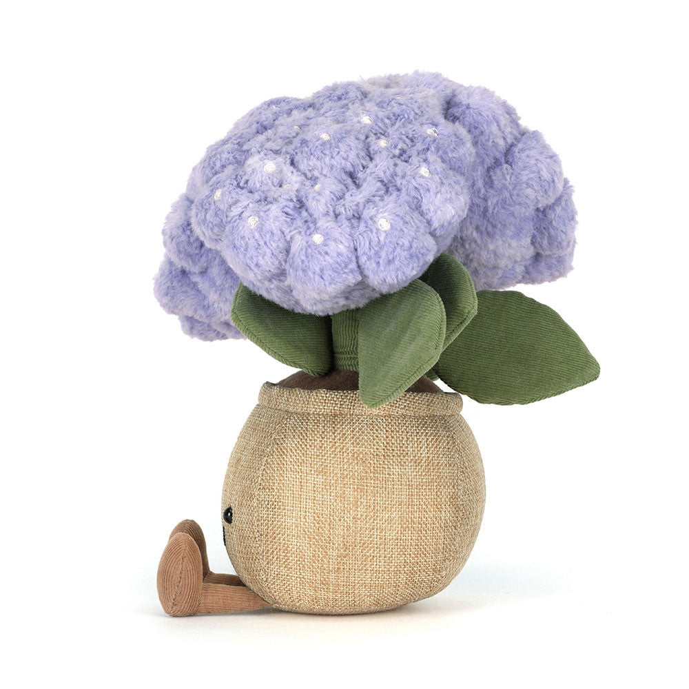 Jellycat Hydrangea side profile showing green leaves on white background