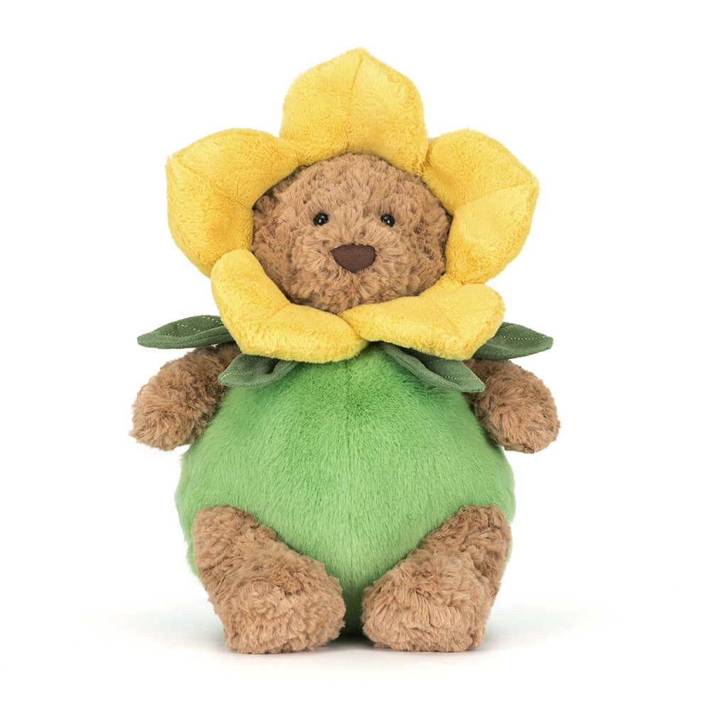 Bartholomew Bear daffodil outfit front view showing smiley face