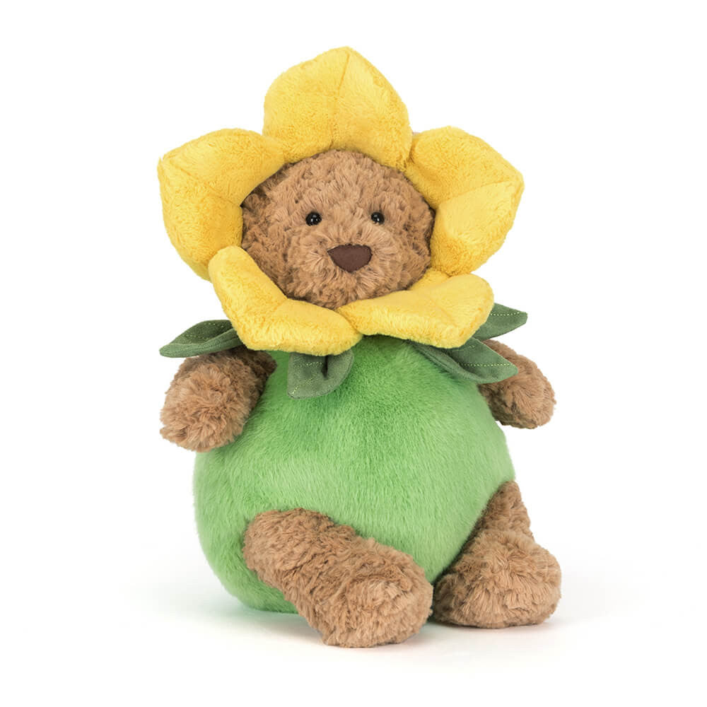 Jellycat Bartholomew Bear in daffodil costume on white background