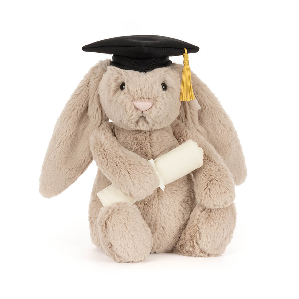 Jellycat Bashful Bunny in graduation outfit with mortar board on white background