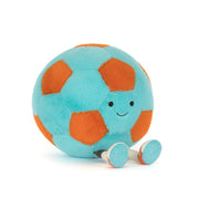 Jellycat Football blue and orange plush front view on white background