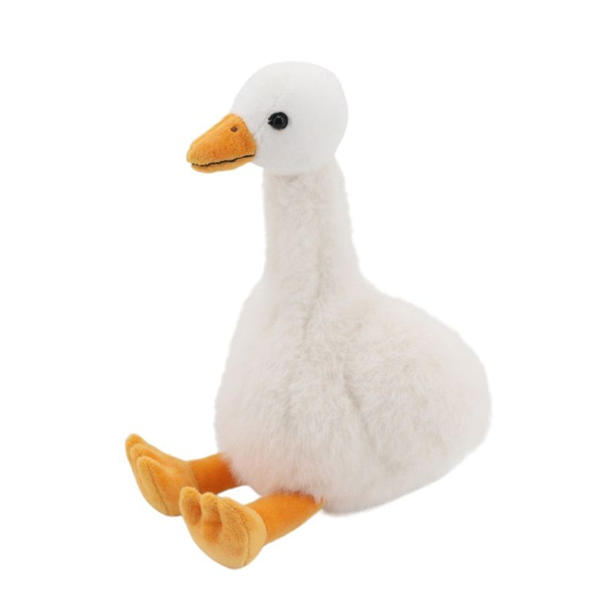 Cream goose soft toy side profile with orange webbed feet on white background