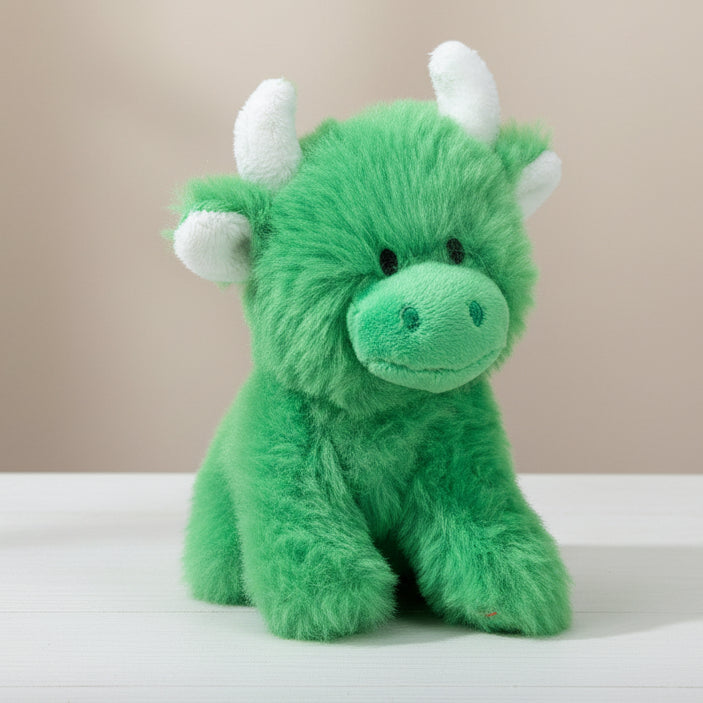 Mini green Highland cow soft toy with white horns on beige background