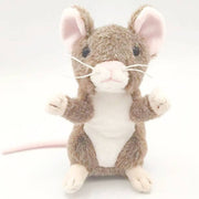Mini mouse plush soft toy standing upright with pink ears on white background
