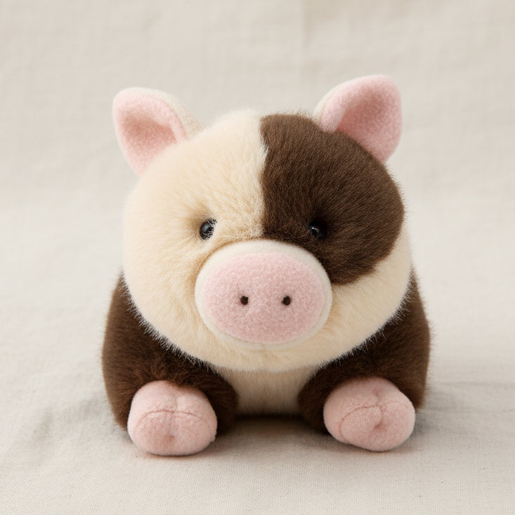 Brown and cream spotty pig soft toy front view on cream linen background