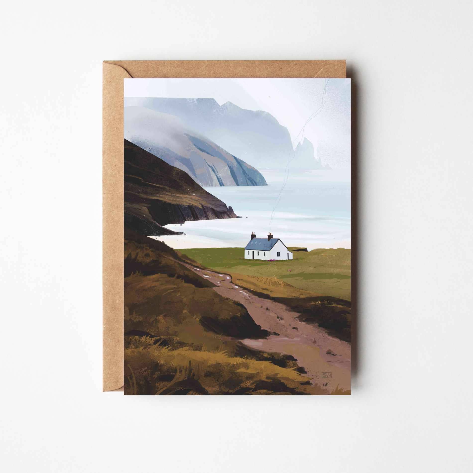 Kearvaig Bothy greeting card featuring Sara Willia's Scottish coastal landscape artwork with kraft envelope