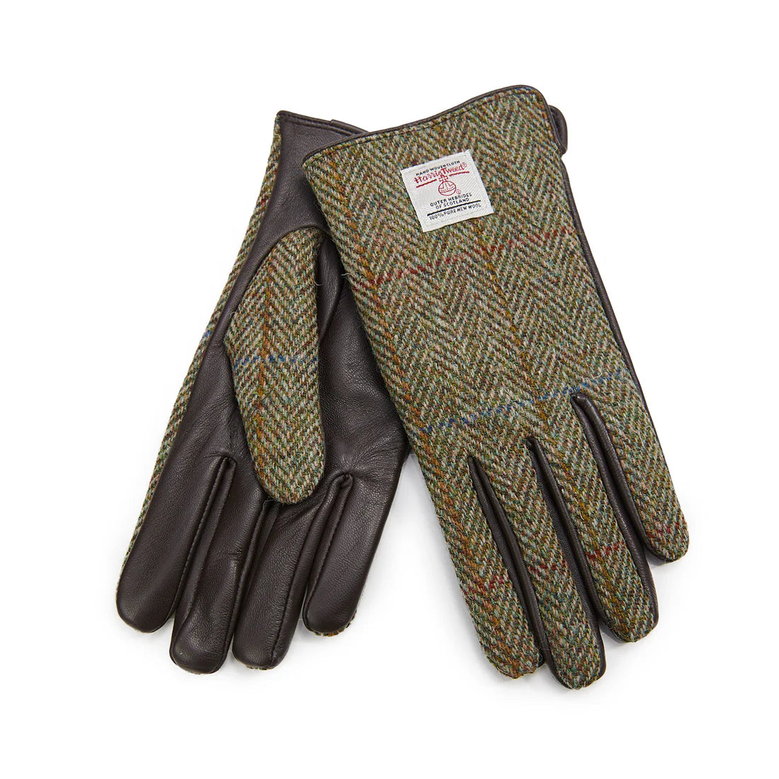 Ladies Harris Tweed gloves in chestnut herringbone with leather palms on white background.  