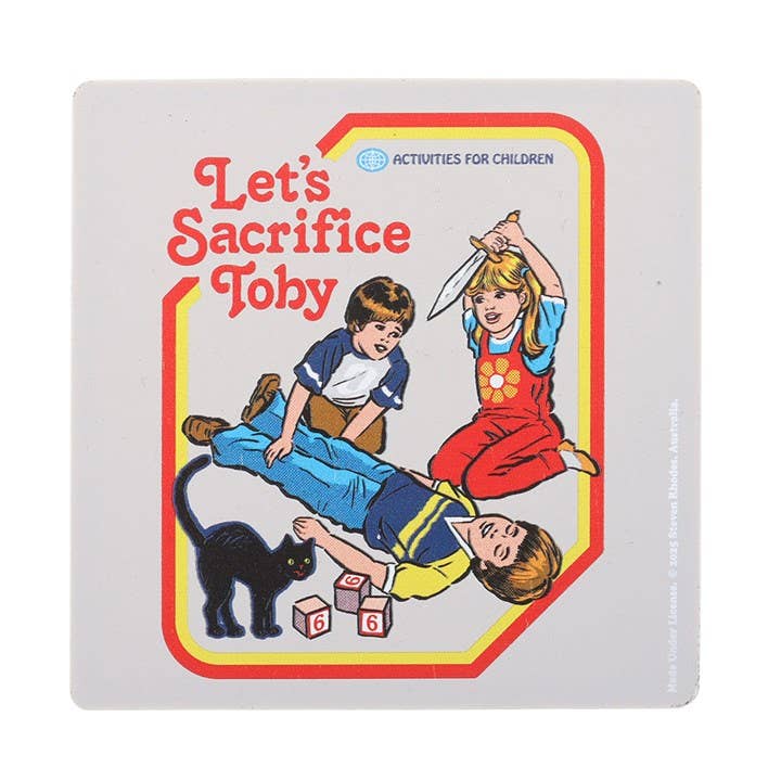 Close-up of Let's Sacrifice Toby coaster showing detailed retro illustration