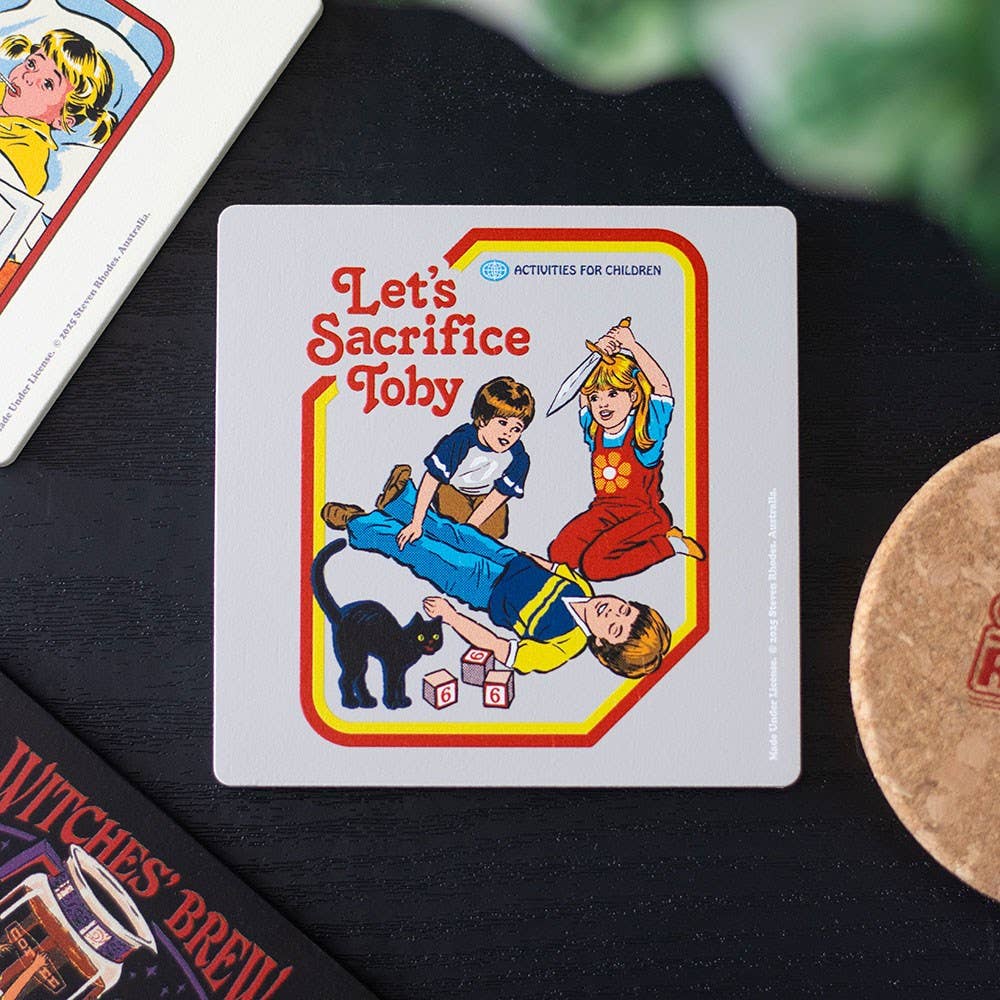 Let's Sacrifice Toby coaster by Steven Rhodes with retro children's book style dark humour design