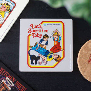 Let's Sacrifice Toby coaster by Steven Rhodes with retro children's book style dark humour design