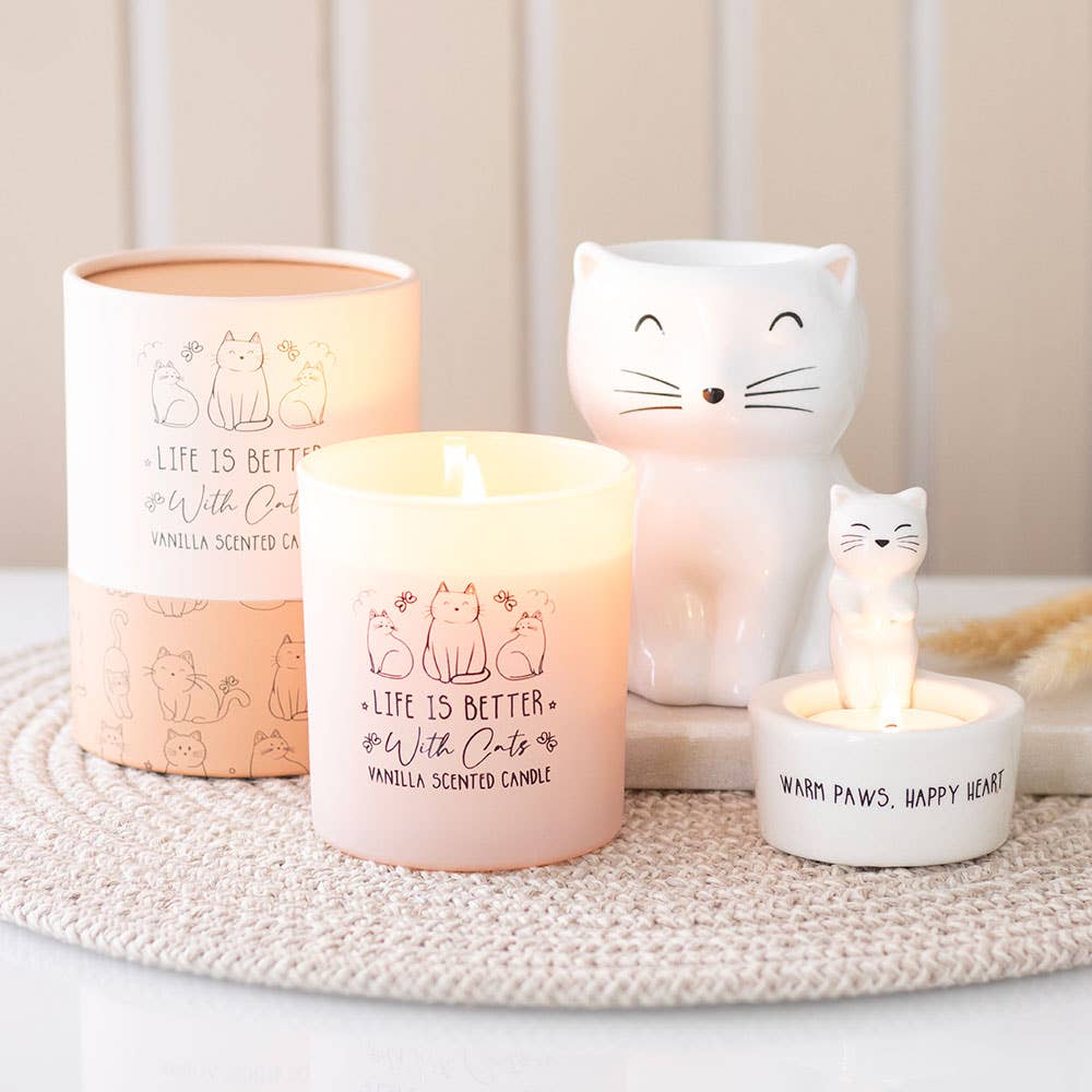 Pink cat candle with matching gift box packaging