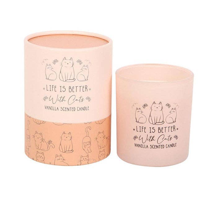 Blush pink glass candle jar with cat illustrations