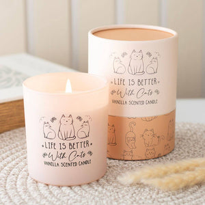 Life Is Better With Cats vanilla candle in blush pink jar on cosy setting
