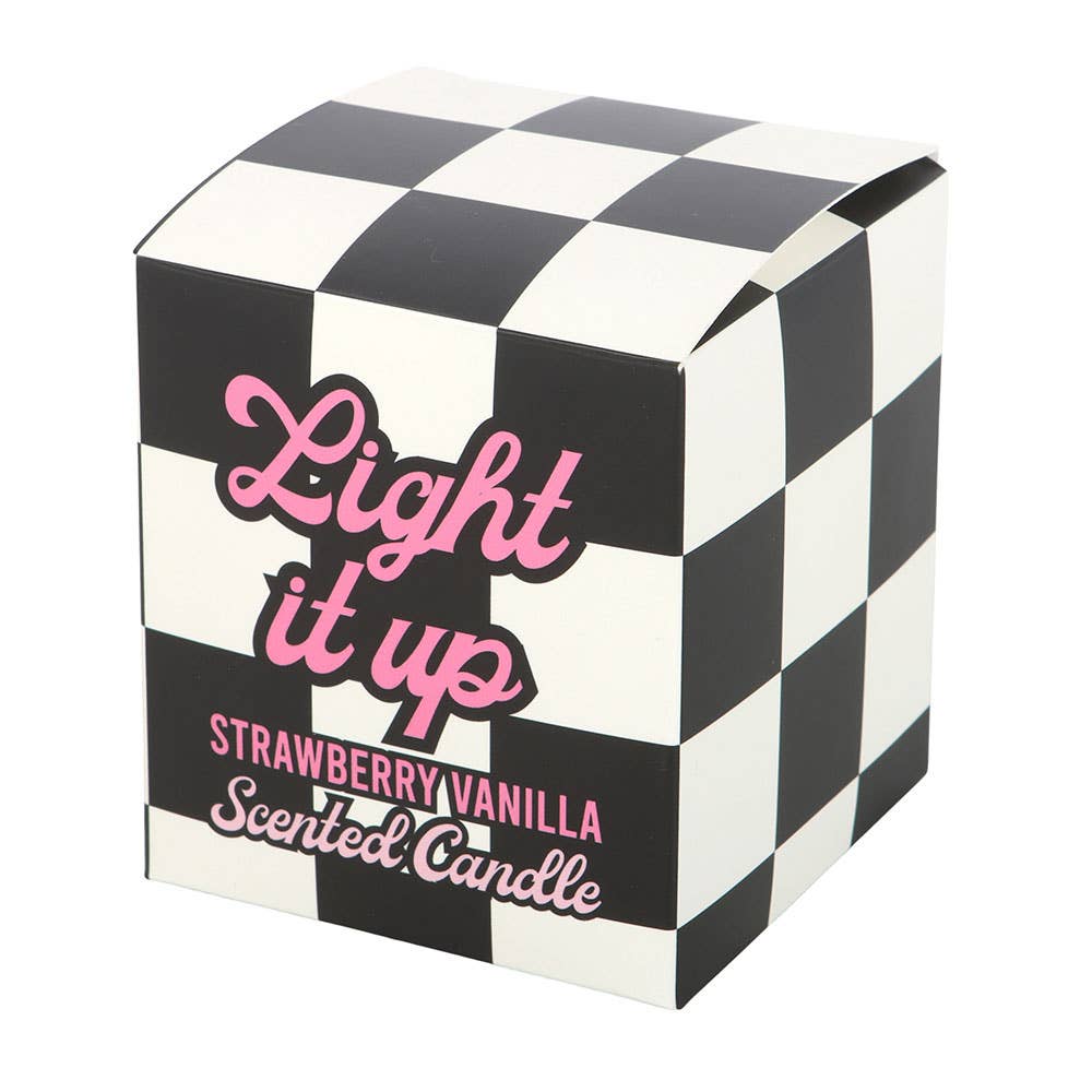 Light It Up Strawberry Vanilla Candle gift box with pink lettering and checkered design, perfect for bold home fragrance lovers.