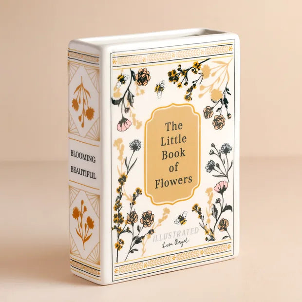 Cream ceramic book vase with floral illustrations front and spine view
