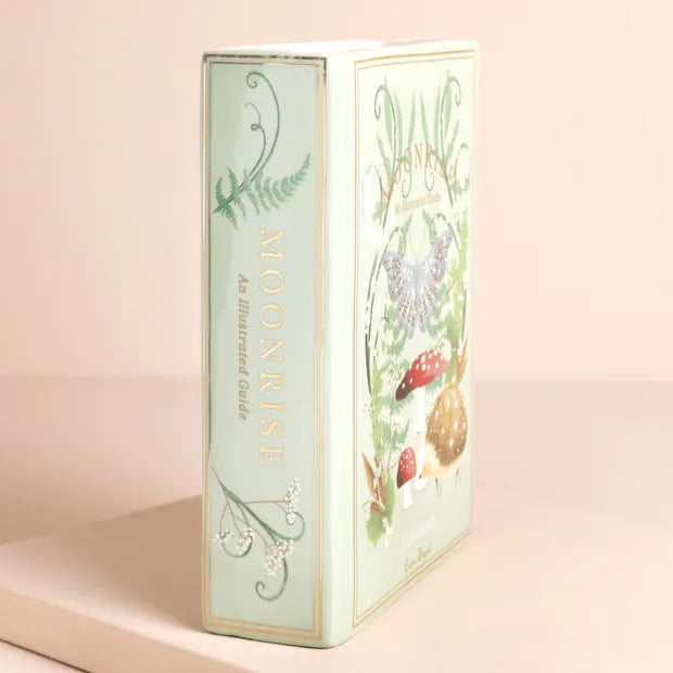 Ceramic book vase angled view showing illustrated spine and front cover