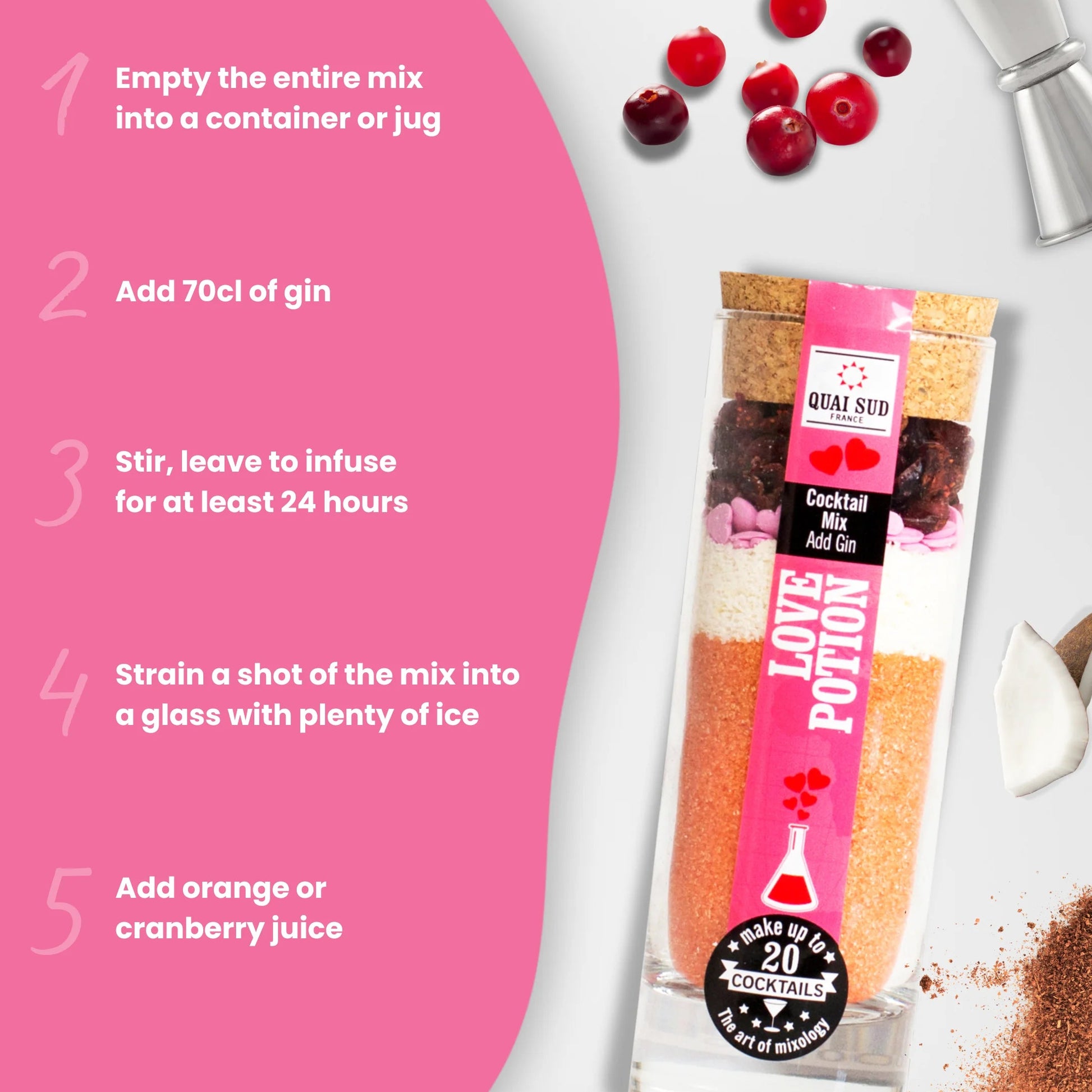 Love Potion Mix with cocktail ingredients and pink step-by-step guide.