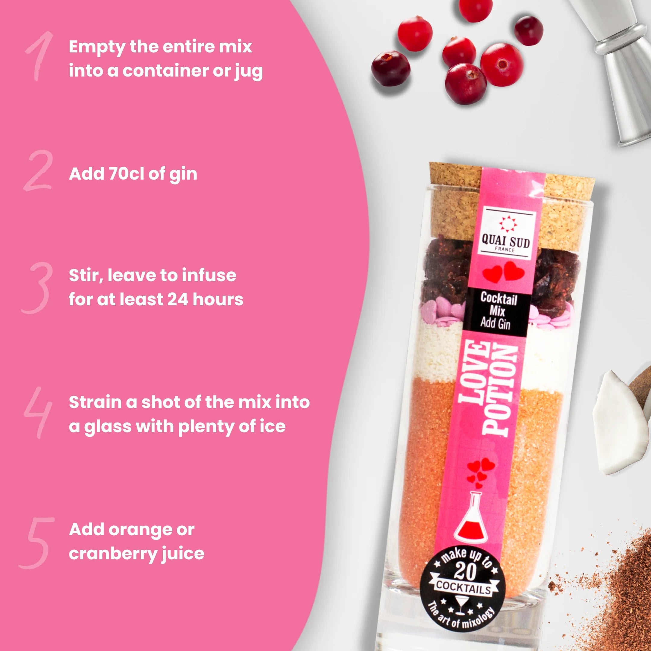 Love Potion Mix with cocktail ingredients and pink step-by-step guide.