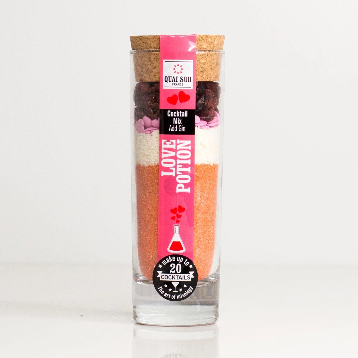 Love Potion Gin Cocktail Mix in tall glass jar with cork lid.