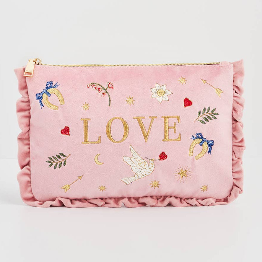 Love Scatter Pink Velvet Embroidered Pouch - Front View
