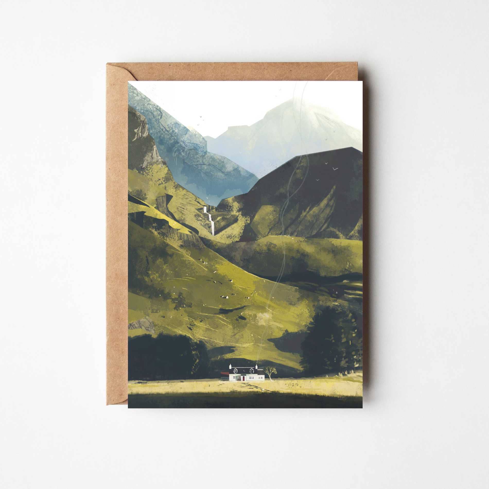 Luna's Glencoe greeting card featuring Sara Willia's moonlit Glencoe landscape artwork with kraft envelope