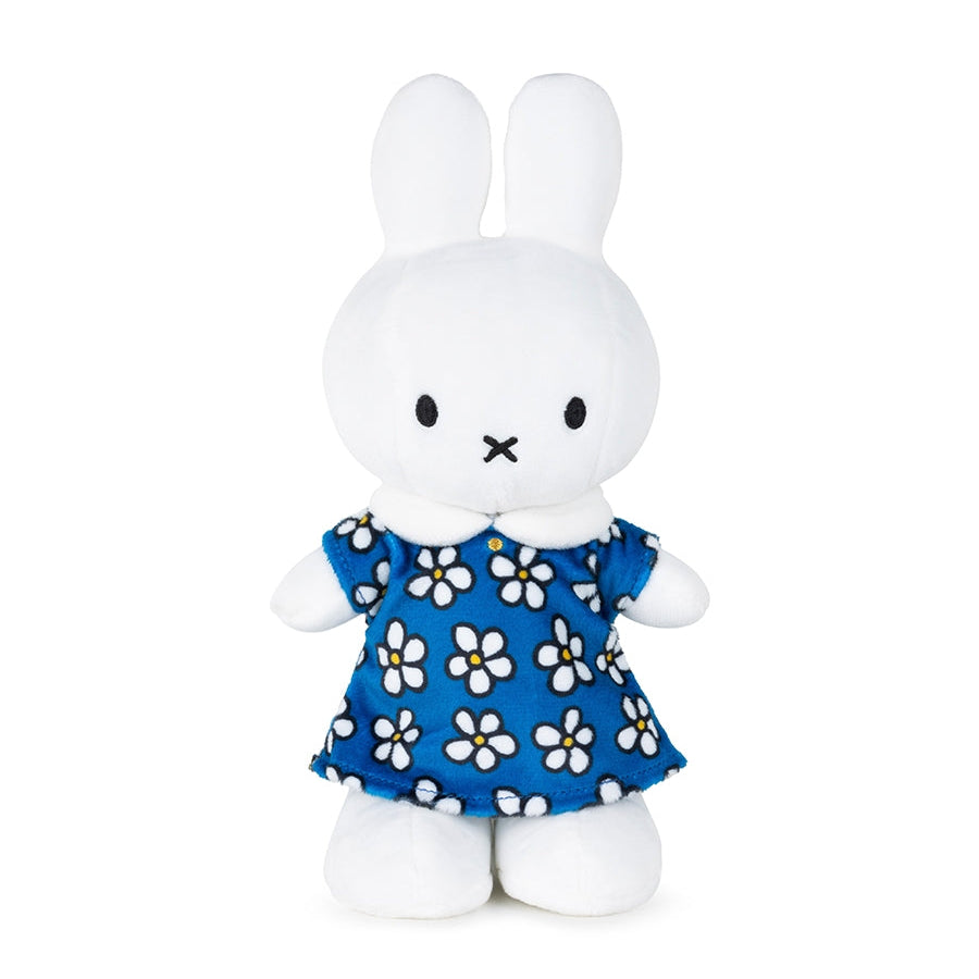 Miffy standing soft toy in blue flower dress, 24cm, front view on white background