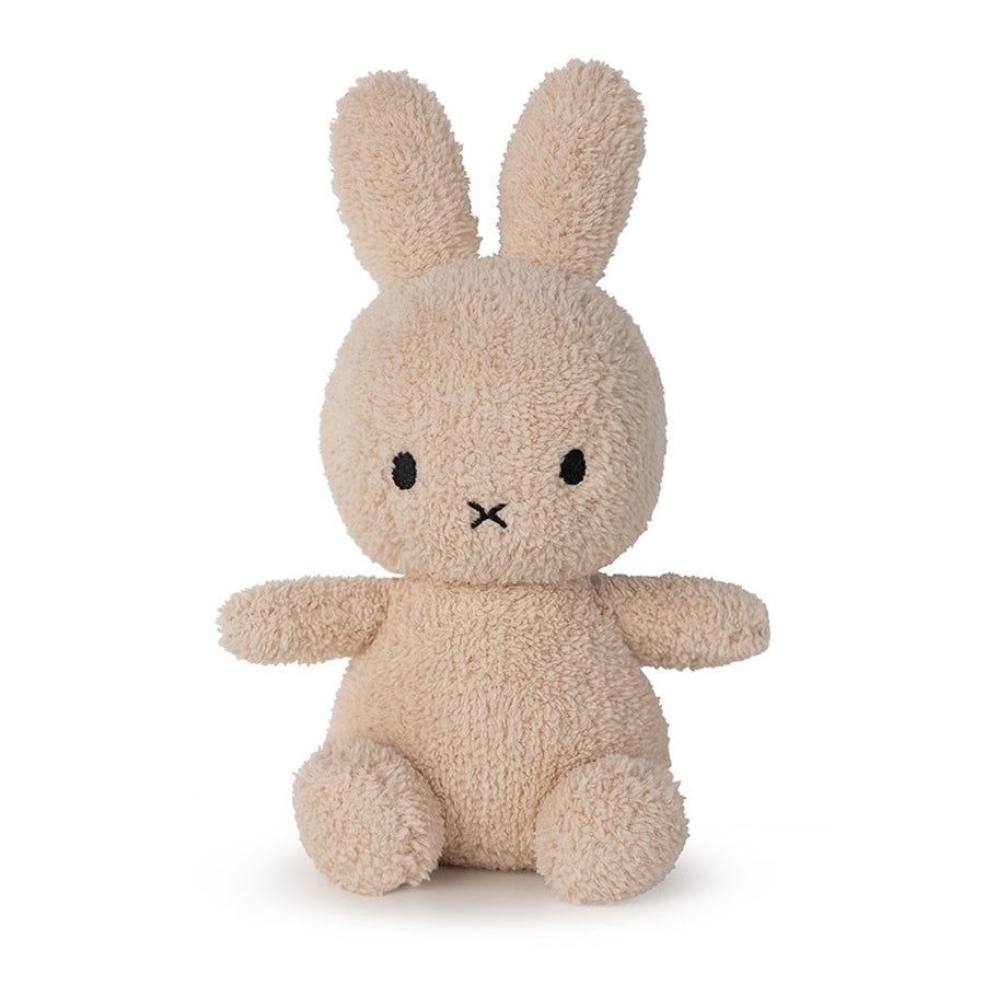 Miffy sitting terry towelling soft toy in beige, 23cm, front view on white background