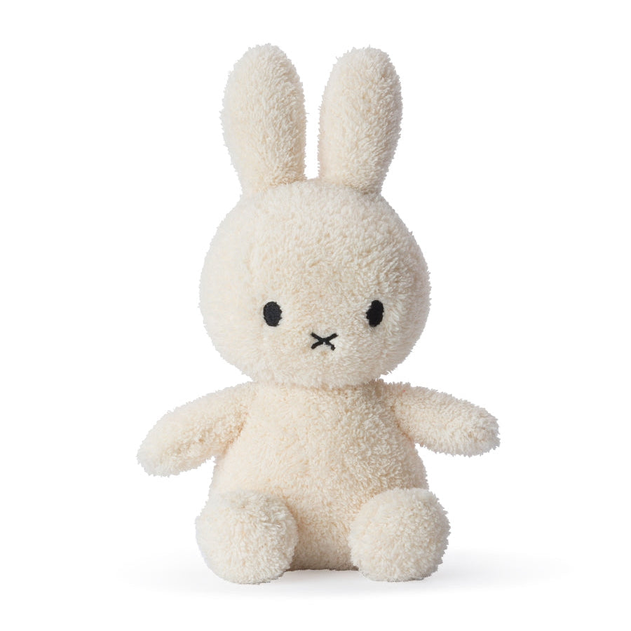 Miffy sitting terry towelling soft toy in cream, 23cm, front view on white background