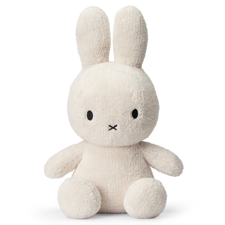 Miffy sitting terry towelling soft toy in cream, large 33cm, front view on white background
