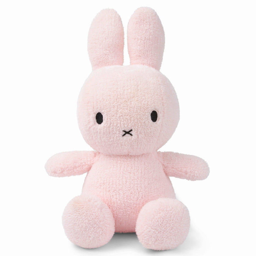Miffy sitting terry towelling soft toy in light pink, large 33cm, front view on white background