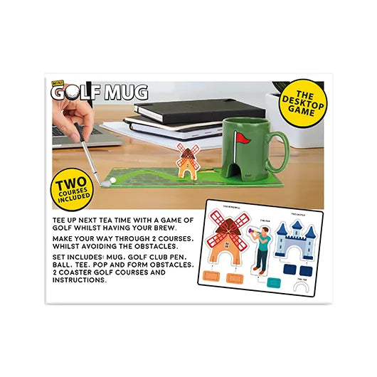 Boxed golf mug desk game showing two courses and obstacle pieces