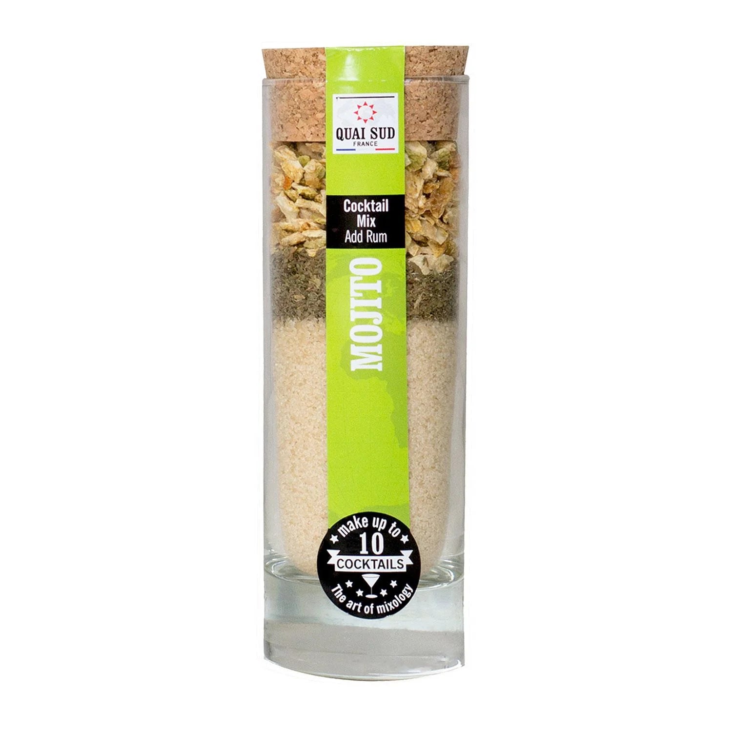 Mojito Cocktail Mix in tall glass tube with layered citrus and mint ingredients.