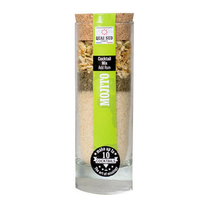 Mojito Cocktail Mix in tall glass tube with layered citrus and mint ingredients.