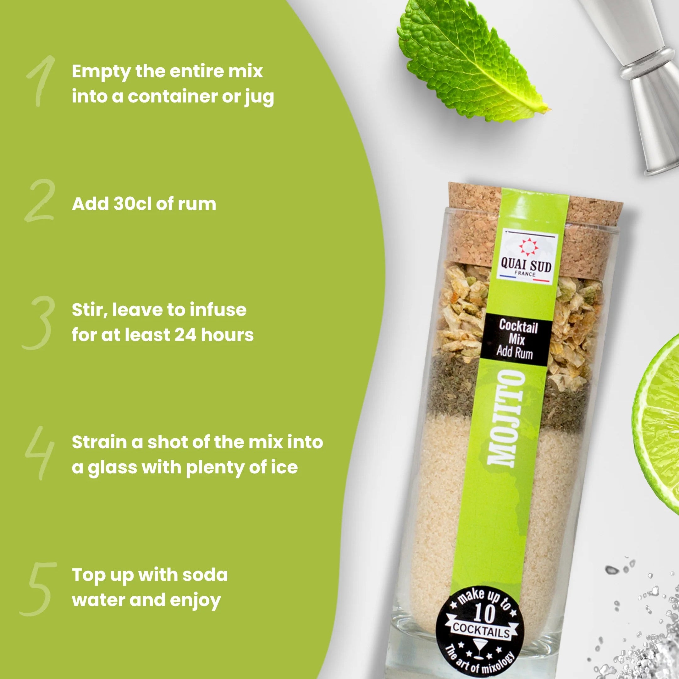 Mojito Cocktail Mix instructions beside the tube with mint leaf and cocktail tools.