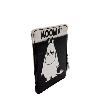 Angled view of Moomin Angry Moomin Cardholder showing stitched edges, logo tab, and slim profile.
