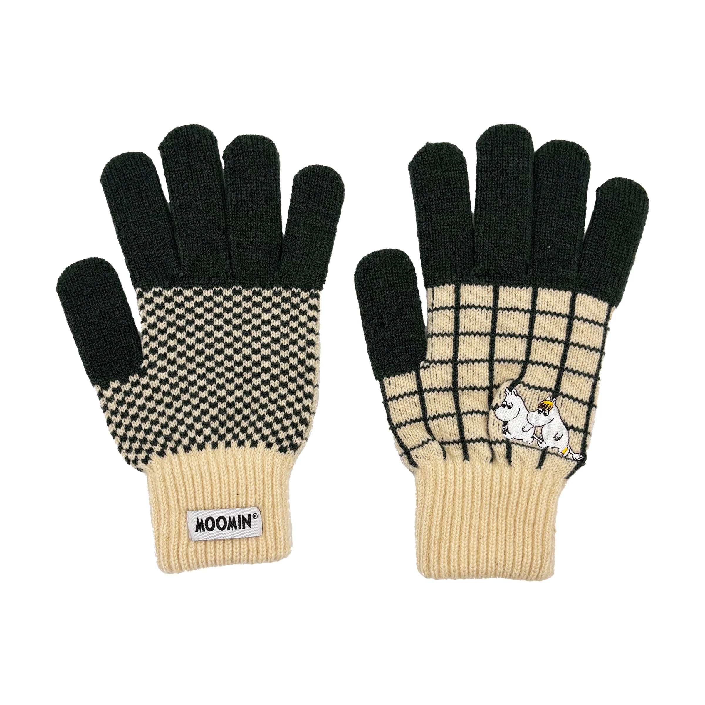 Front and back view of Moomin Chequered Gloves showing grid and houndstooth knit patterns.
